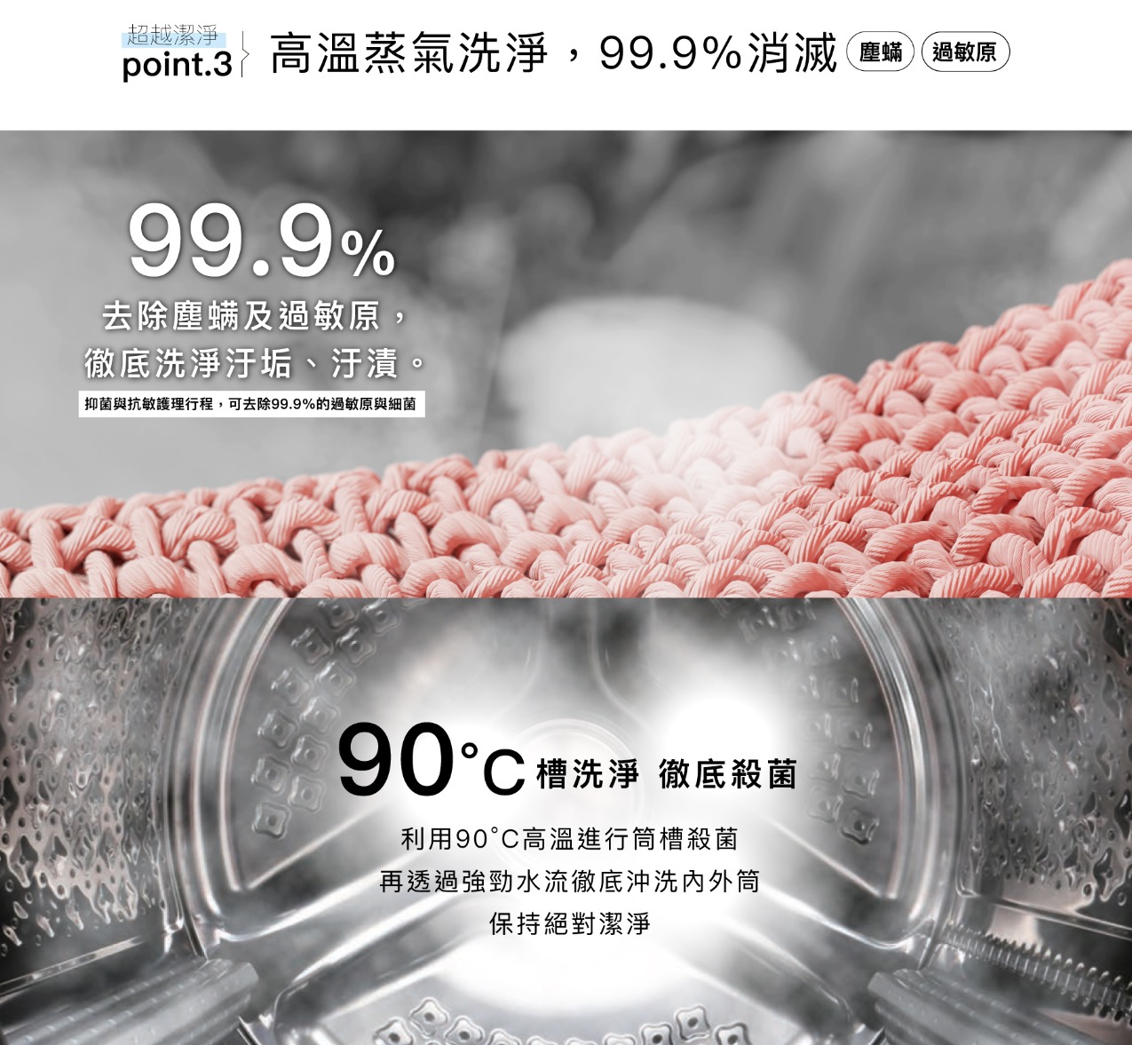 超越潔淨point.3 高溫蒸氣洗淨,99.9%消滅塵蟎過敏原99.9%去除塵螨及過敏原,徹底洗淨汙垢、汙漬。抑菌與抗敏護理行程,可去除99.9%的過敏原與細菌°槽洗淨 徹底殺菌利用90°C高溫進行筒槽殺菌再透過強勁水流徹底沖洗筒保持絕對潔淨