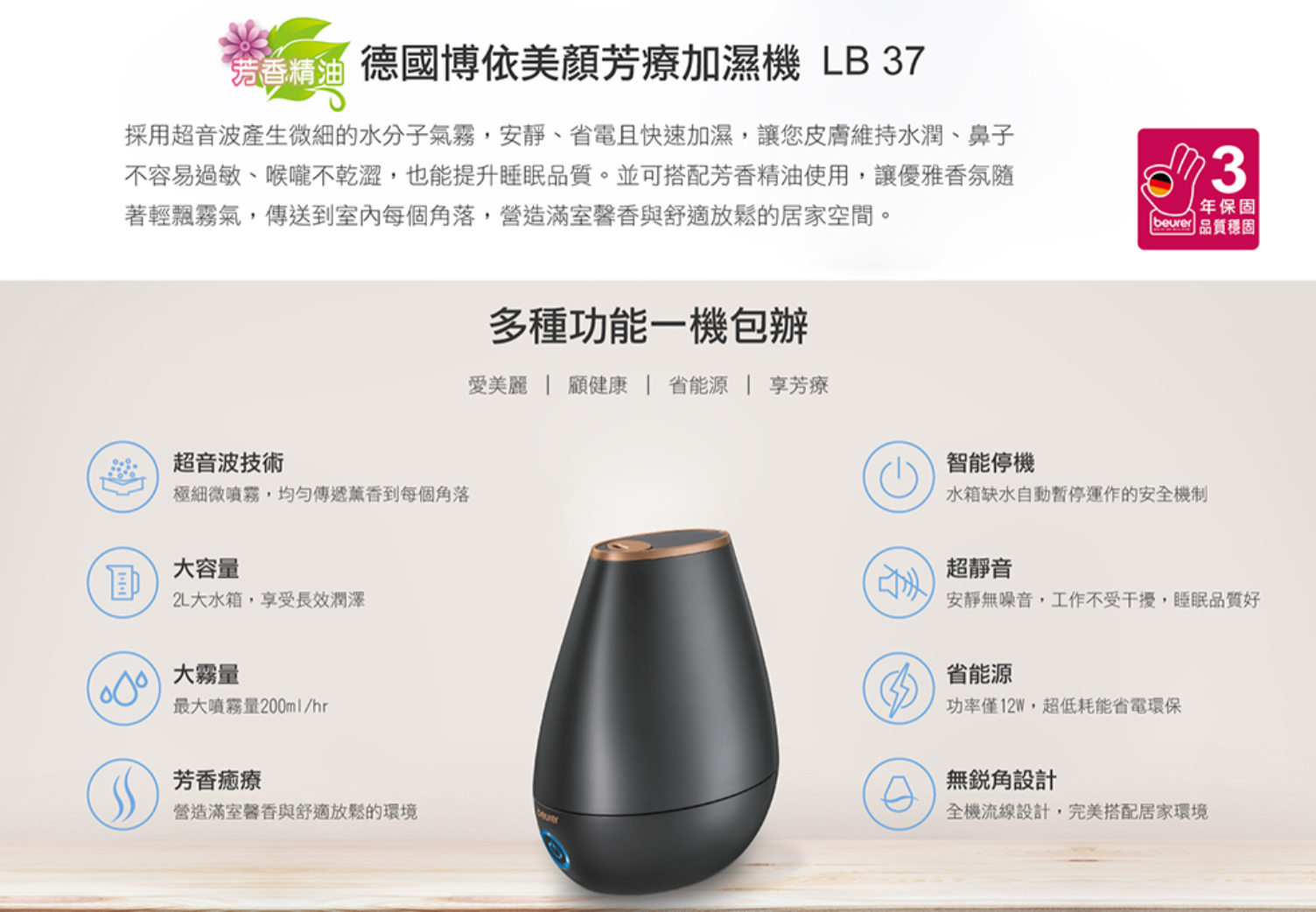 德國博依美顏芳療加濕機 LB 37芳香精油採用超音波產生微細的水分子氣霧,安靜省電且快速加濕,讓您皮膚維持水潤、鼻子不容易過敏、喉嚨不乾澀,也能提升睡眠品質。並可搭配芳香精油使用,讓優雅香氛隨著輕飄霧氣,傳送到室內每個角落,營造滿室馨香與舒適放鬆的居家空間。3年保固 品質穩固超音波技術極細微噴霧,傳遞到每個角落大容量2L大水箱,享受長效潤澤 大霧量最大噴霧量200ml/hr多種功能一機包辦愛美麗 顧健康 省能源享芳療芳香療營造滿室馨香與舒適放鬆的環境智能停機水箱缺水自動暫停運作的安全機制超靜音安靜無噪音,工作不受干擾,睡眠品質好省能源功率僅12W,超低耗能省電環保無設計全機流線設計,完美搭配居家環境