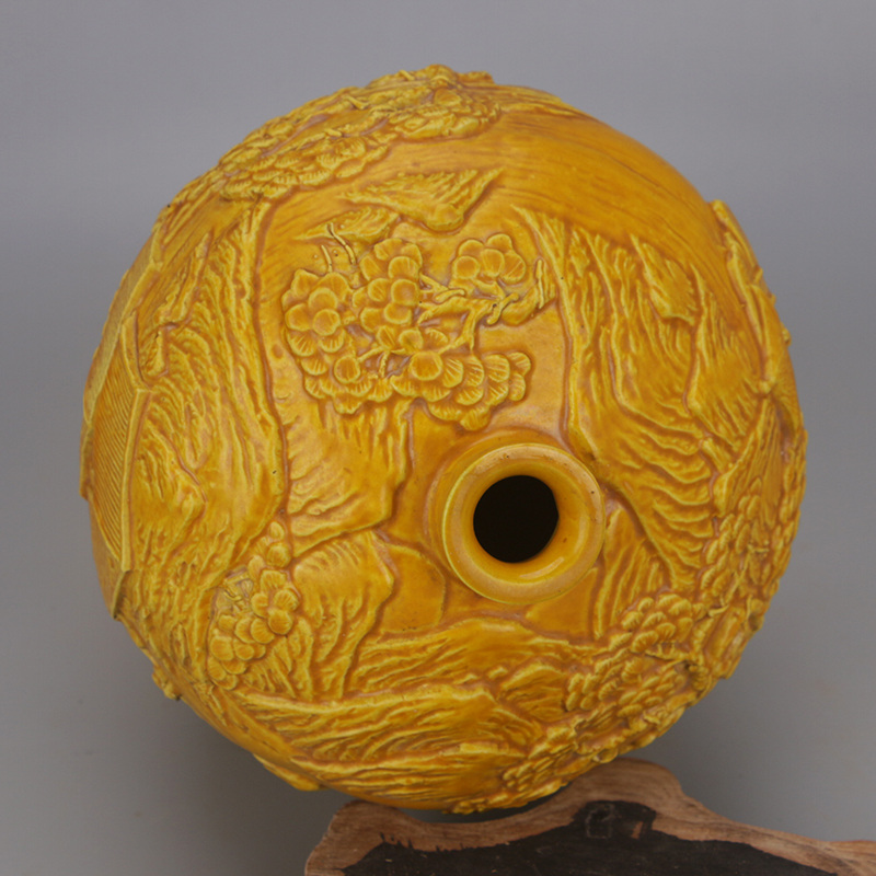 清乾隆年浮雕黃釉山水紋梅瓶仿古舊貨瓷器手工瓷古玩老物件收藏| 協貿