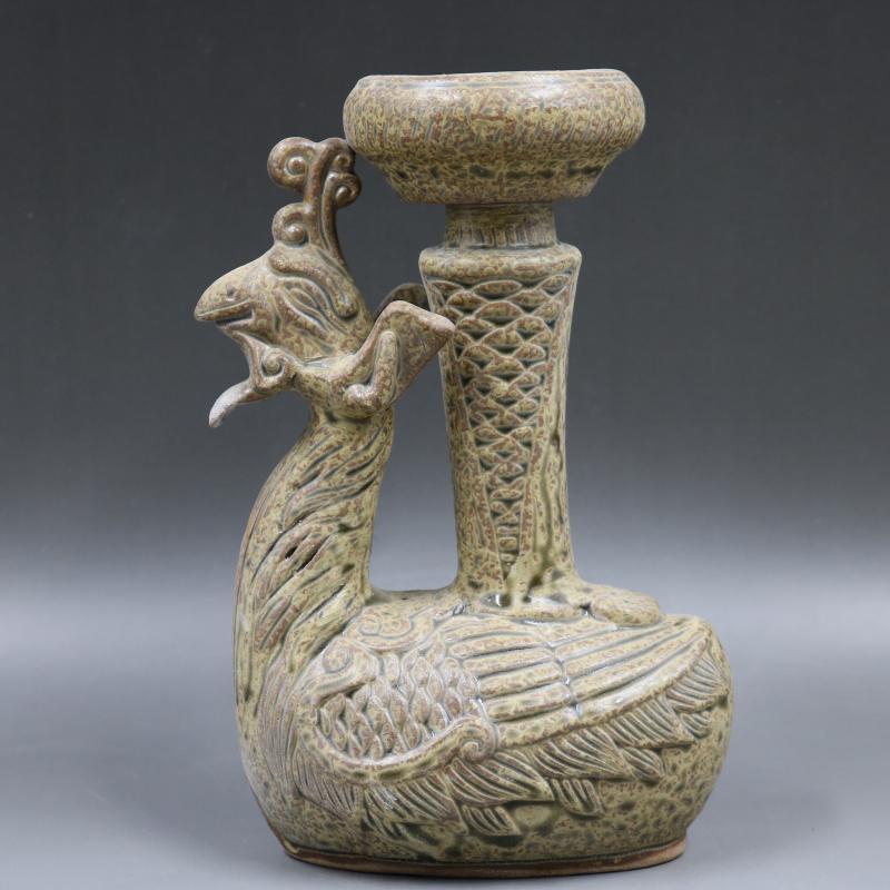 越窯雕刻鳳型燭臺油燈老貨家居老貨擺件收藏仿古裝飾瓷器古董古玩1入
