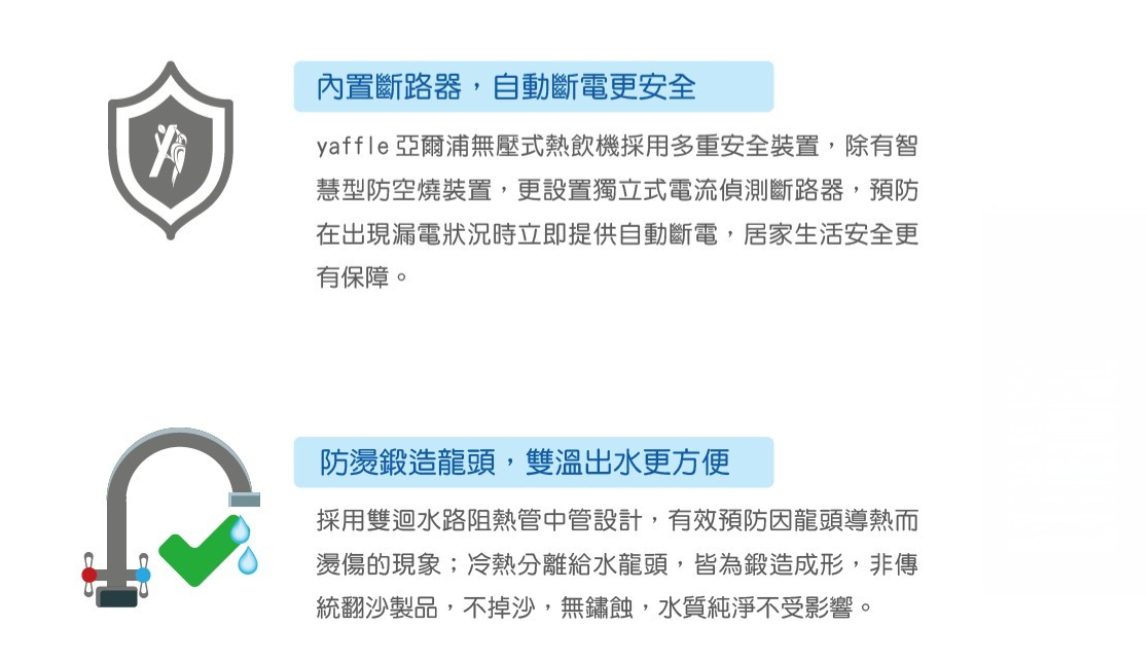 內置斷路器,自動斷電更安全yaffle 亞爾浦無壓式熱飲機採用多重安全裝置,除有智慧型防空燒裝置,更設置獨立式電流偵測斷路器,預防在出現漏電狀況時立即提供自動斷電,居家生活安全更有保障。防燙鍛造龍頭,雙溫出水更方便採用雙迴水路阻熱管中管設計,有效預防因龍頭導熱而燙傷的現象;冷熱分離給水龍頭,皆為鍛造成形,非傳統翻沙製品,不掉沙,無鏽蝕,水質純淨不受影響。
