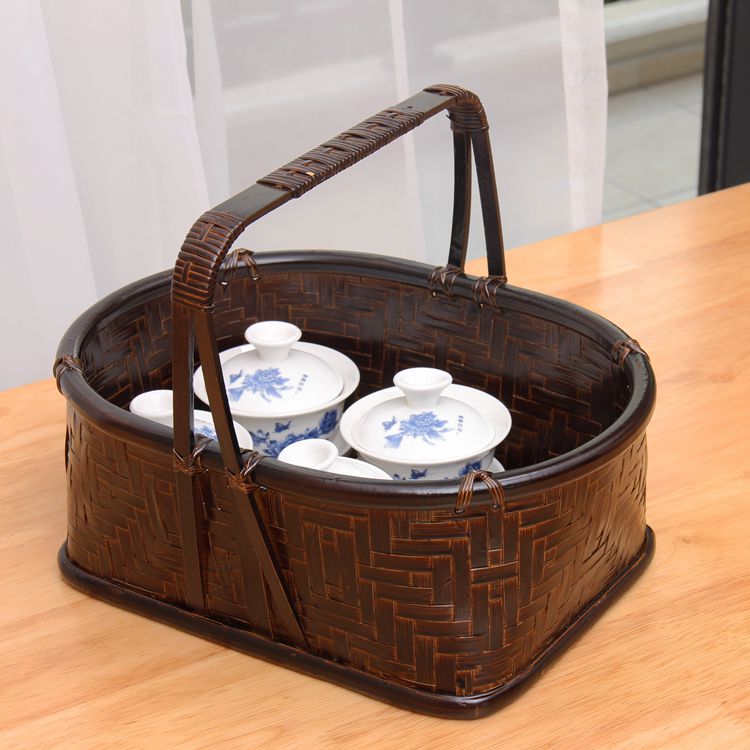 日式竹編大漆帶蓋茶具收納盒收納筐籃子竹編盒漆器茶道零配| 協貿國際 