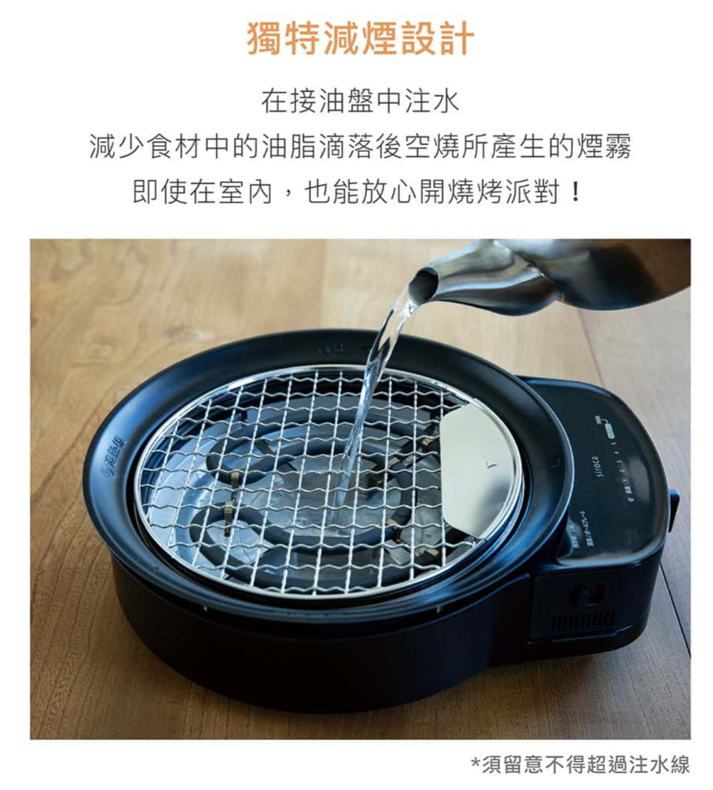 獨特減煙設計在接油盤中注水減少食材中的油脂滴落後空燒所產生的煙霧即使在室內,也能放心開燒烤派對!*須留意不得超過注水線