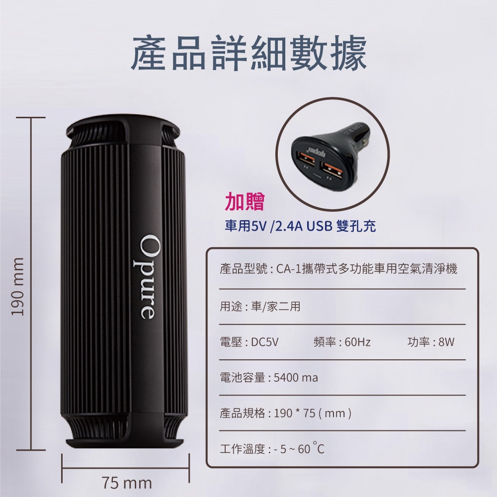 190 mm產品詳細數據Opure加贈車用5V/2.4A USB 雙孔充產品型號:CA-1攜帶式多功能車用空氣清淨機用途:車/家二用電壓:DC5V頻率:60Hz功率:8W電池容量:5400 ma產品規格:190*75 (mm)工作溫度:-5~6075 mm